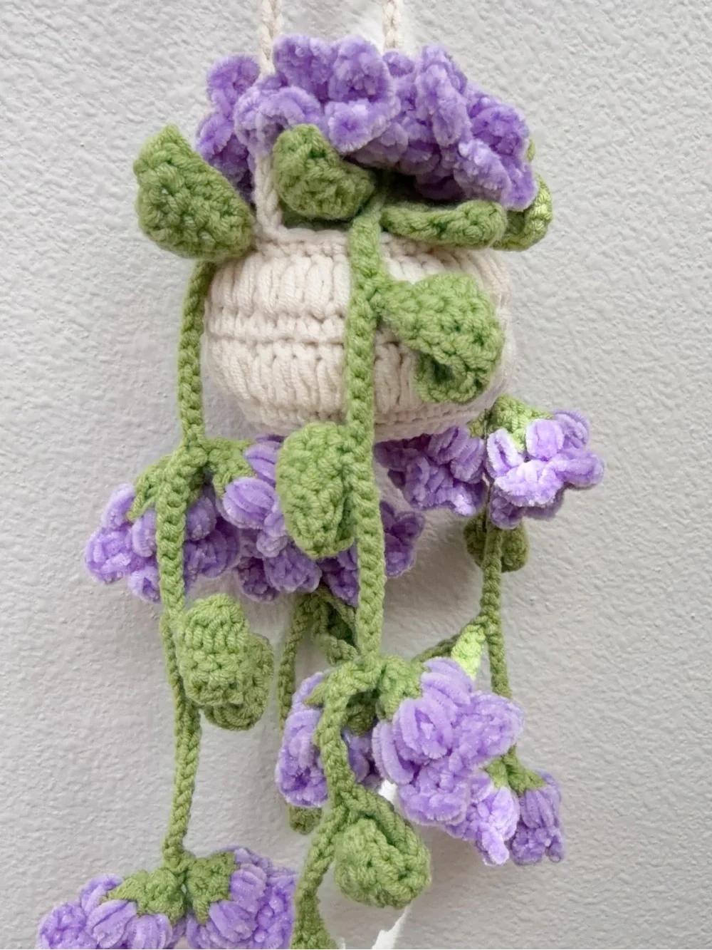 Handmade Cream and Purple Crochet Hanging Wall Planter